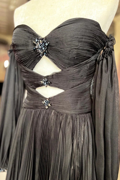 Beaded Strapless Cutout Long Prom Dress with Balloon Sleeves