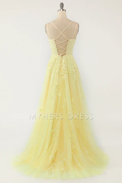 My Hers Ladies Formal Dress Elegant A Line Spaghetti Straps Backless Exquisite Appliques Prom Dress