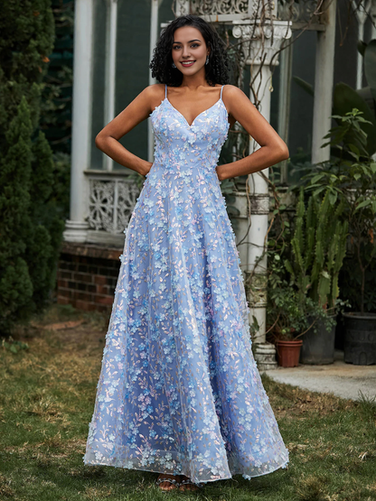 A-Line V-Neck Lace Dress Appliqued Flowers Prom Dress
