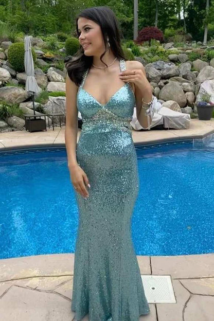 Sequin V-Neck Cutout Back Mermaid Long Prom Dress