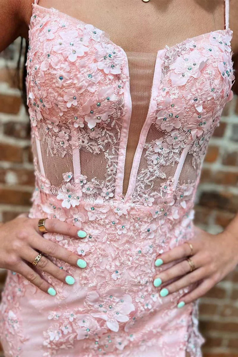 Floral Lace Split Neck Mermaid Long Prom Dress with Slit