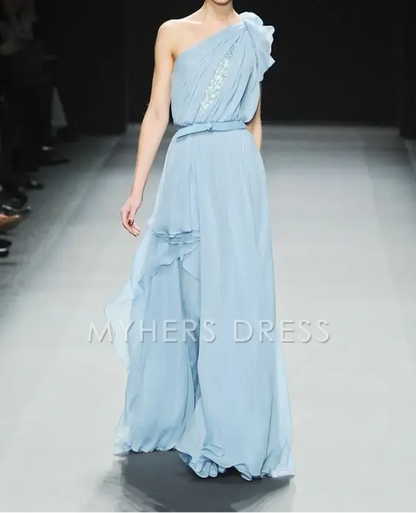 My Hers Prom Dress One Shoulder A Line Chiffon Ruched Irregular Romantic High Quality Ladies Formal Dress