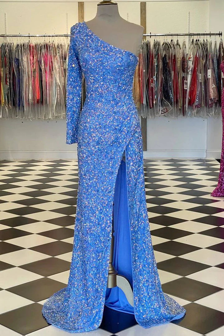 One-shoulder Long Sleeve Tiffany  Sequins Long Formal Dress