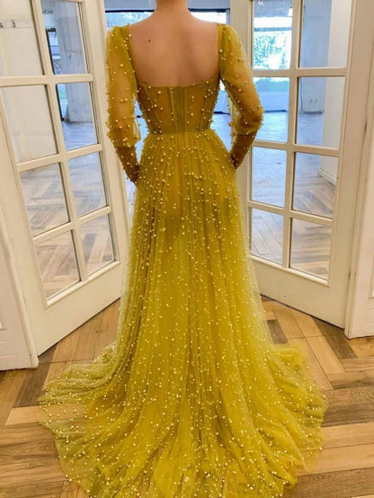 Princess Evening Ball Gown Long Sleeve Corset Long Prom Dress With Beading