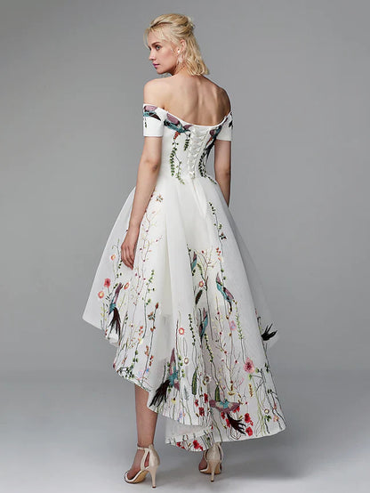 Ball Gown Elegant Floral High Low Cocktail Party Prom Valentine's Day Dress Off Shoulder Short Sleeve Asymmetrical Polyester with Embroidery