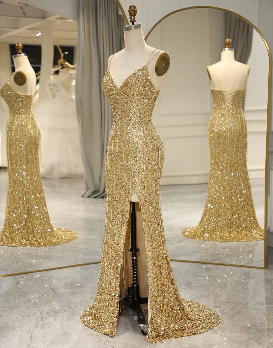Sequins Long Prom Dress with Split Front
