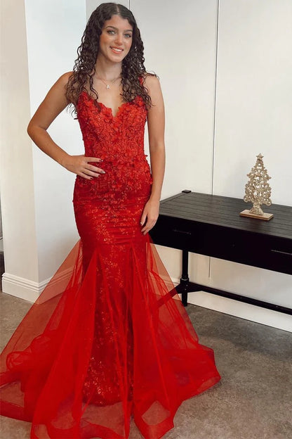 Appliqués V-Neck Lace-Up Trumpet Long Prom Dress