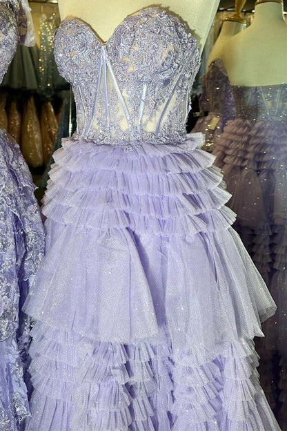 Tulle Sweetheart Tiered A-Line Long Prom Dress with Ruffles