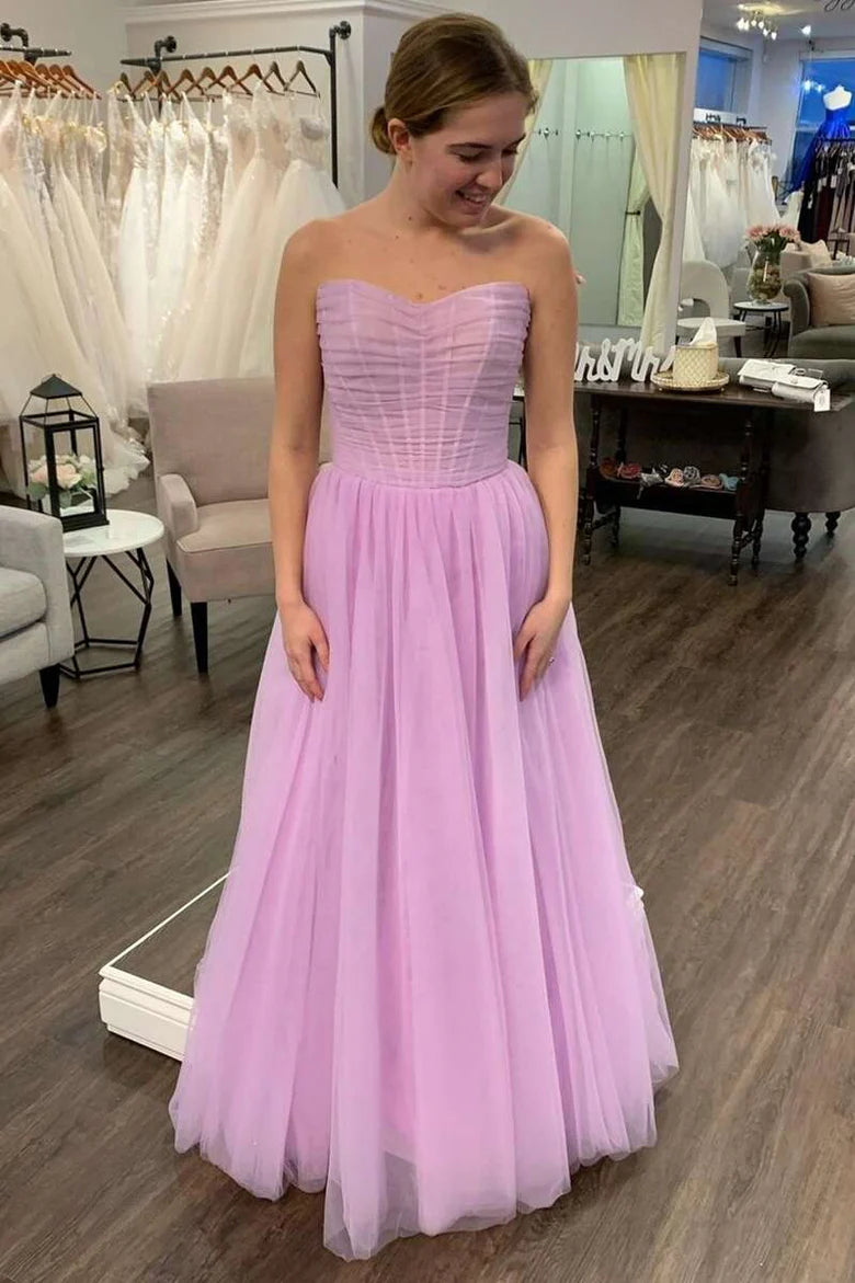 A-Line Lilac Ruched Strapless Prom Dress