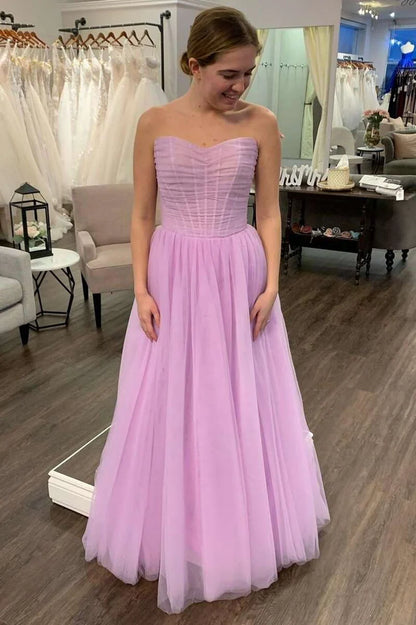 A-Line Lilac Ruched Strapless Prom Dress