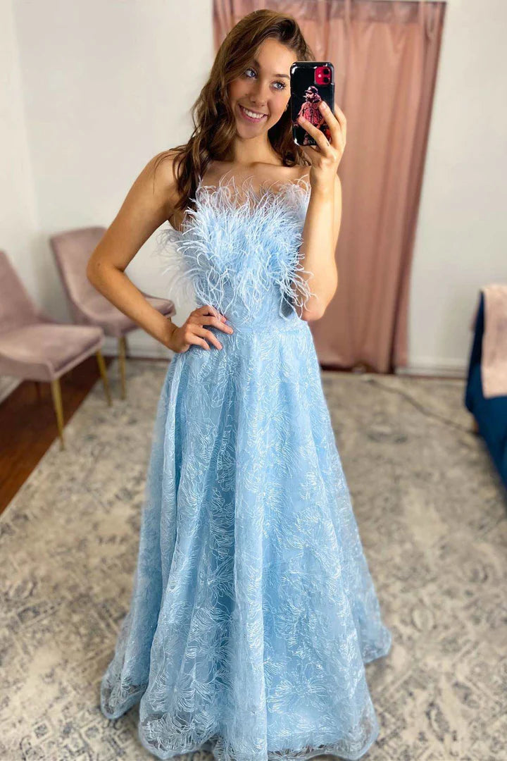 Feathers Lace Strapless A-Line Prom Dress