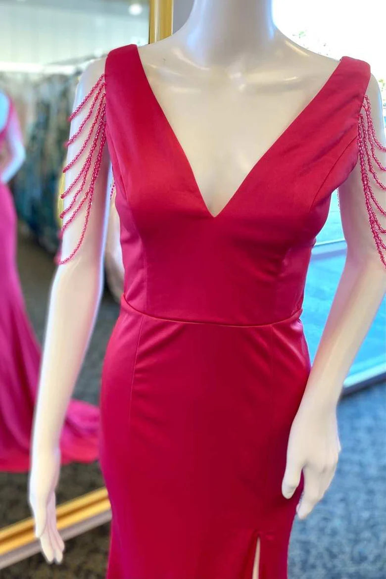 Fringes V-Neck Long Prom Dress with Slit