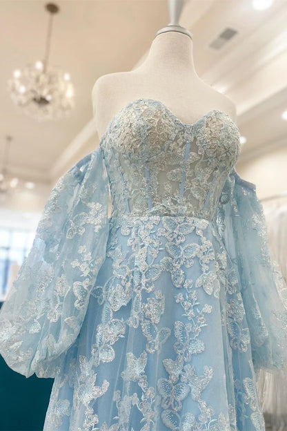 Sparkle Princess  Bustier Puff Sleeve Lace Long Prom Gown