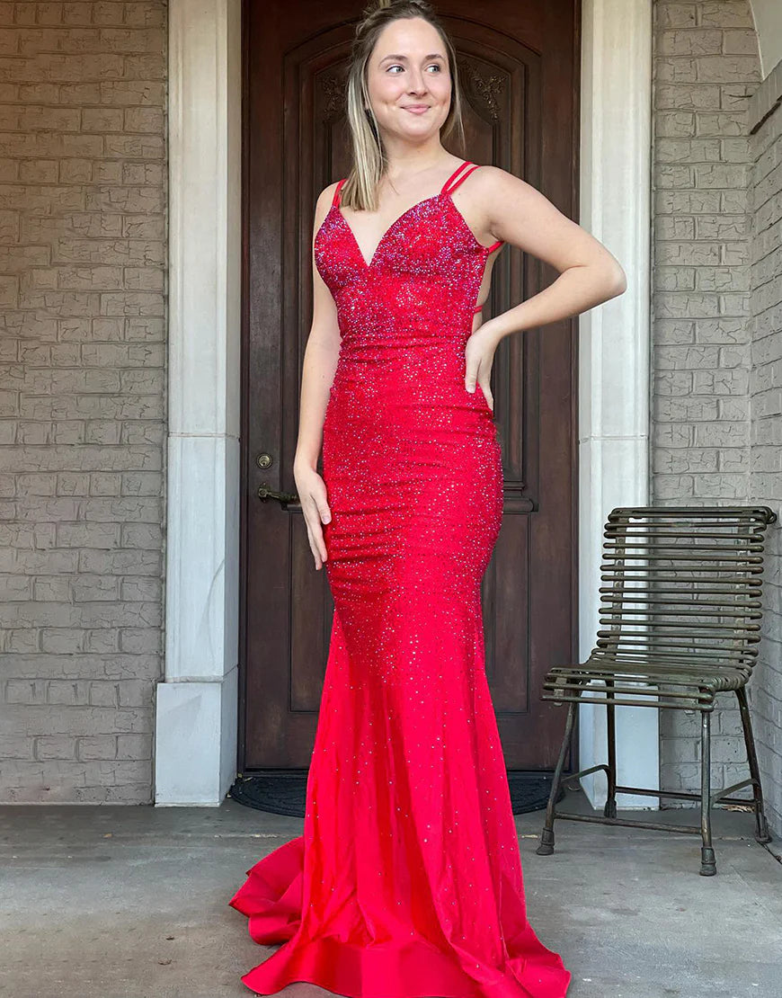 Purple V-Neck Mermaid Backless Lace-Up Back Prom Dress with Beading