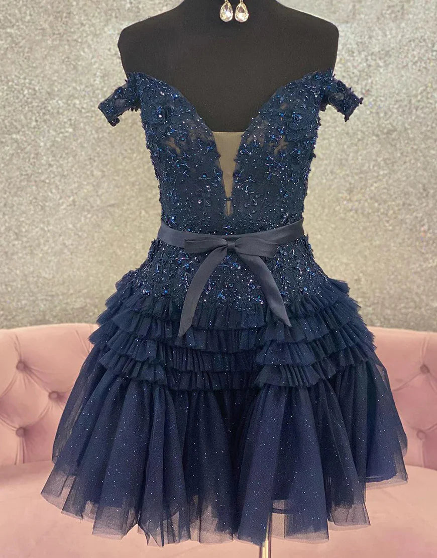 Off the Shoulder Tulle A Line Cute Homecoming Dress with Appliques