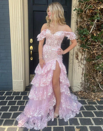 A-Line V Neck Tiered Long Prom Dress With Slit