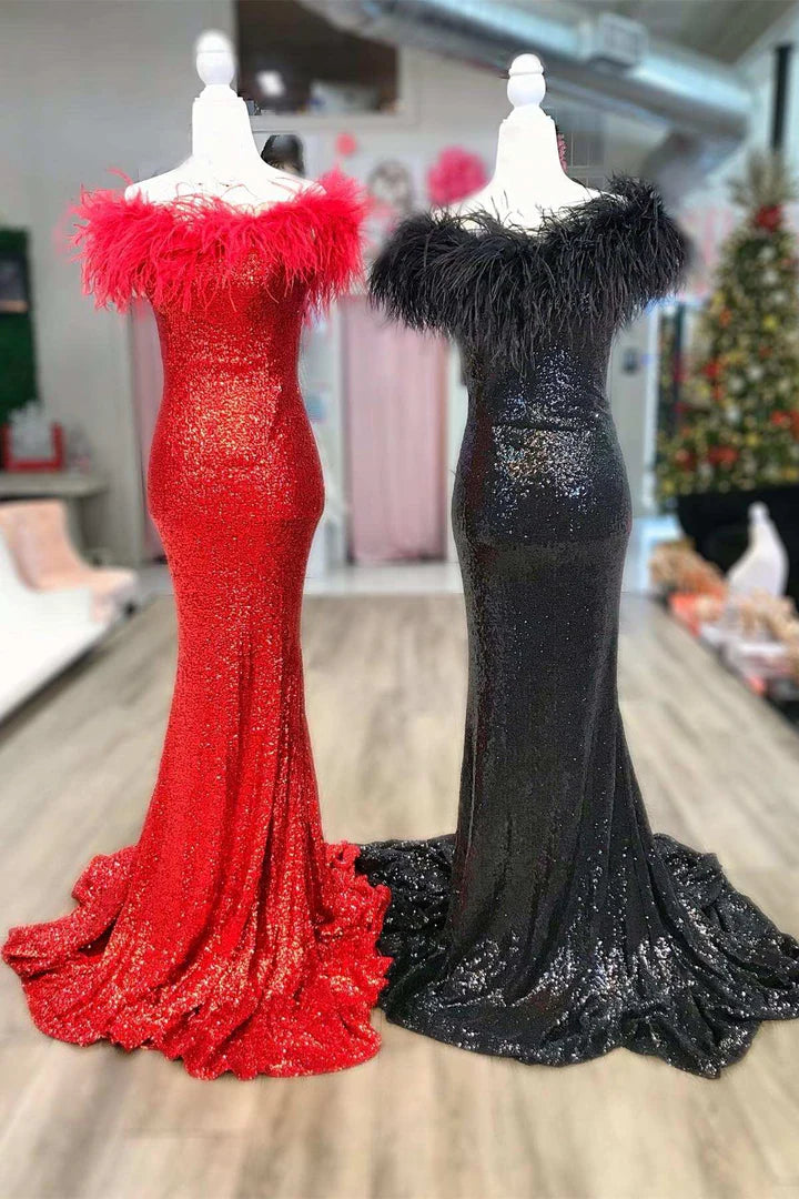 Sequin Off-the-Shoulder Feathers Mermaid Long Prom Gown
