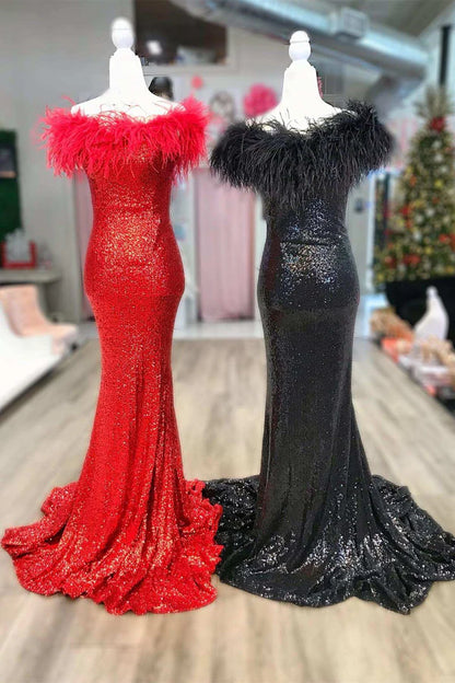 Sequin Off-the-Shoulder Feathers Mermaid Long Prom Gown