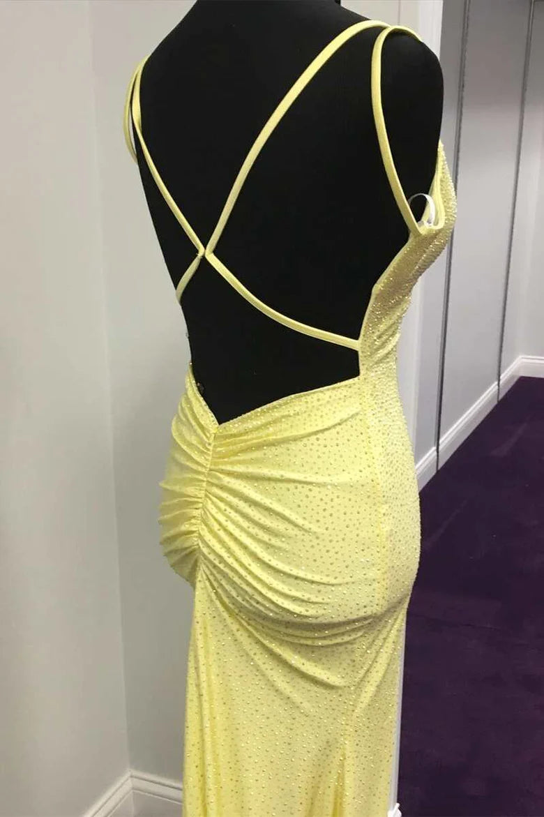 Beaded V-Neck Backless Mermaid Long Prom Gown