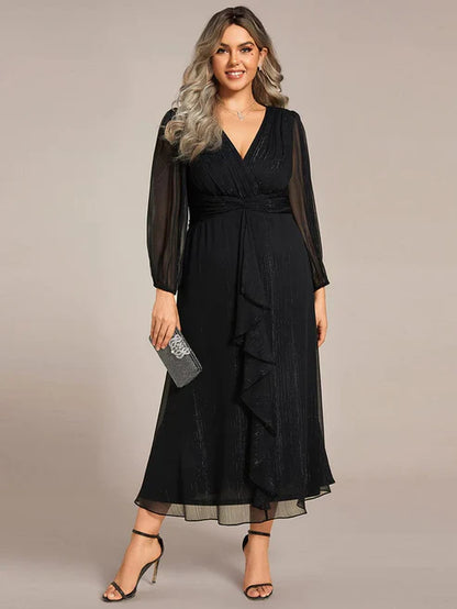 Plus Size Twist Knot Louts Leaf Long Sleeve A-Line Evening Dress With Prom Dresses Party Dresses Wedding Guest Dresses