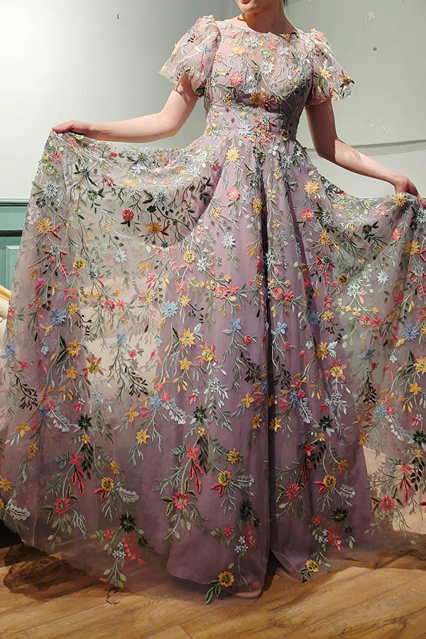 A-Line Embroidered Long Prom Dress With Appliqued