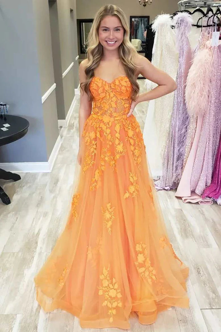 3D Floral Lace Strapless A-Line Prom Dress