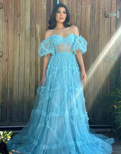 A Line Off The Shoulder Tulle Long Prom Dress