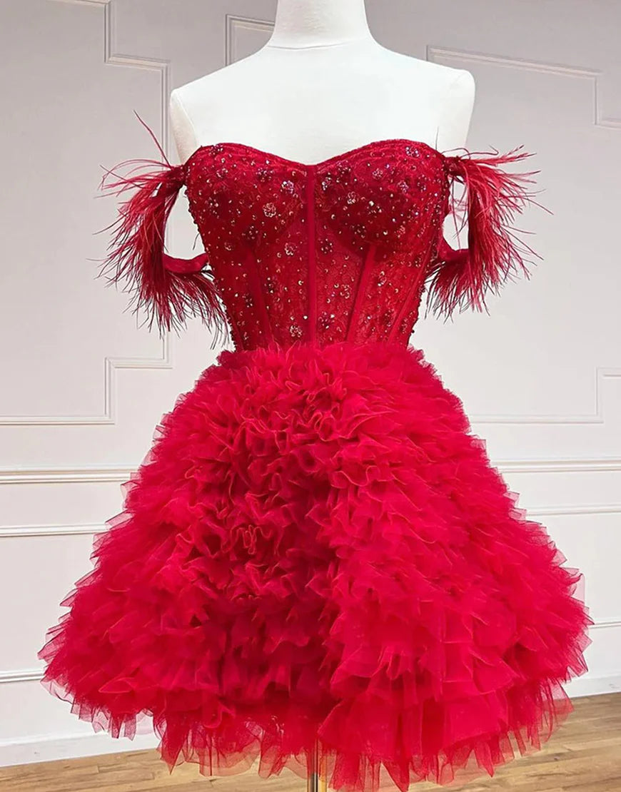 Off the Shoulder Glitter A Line Cute Homecoming Dress with Feathers