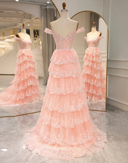 A Line Off the Shoulder Black Pink Long Prom Dress with Appliques