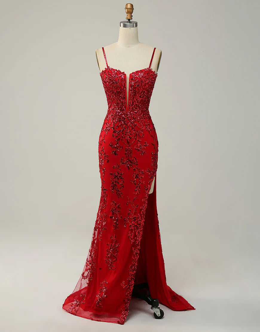 Sheath Beaded Side Slit Prom Dress