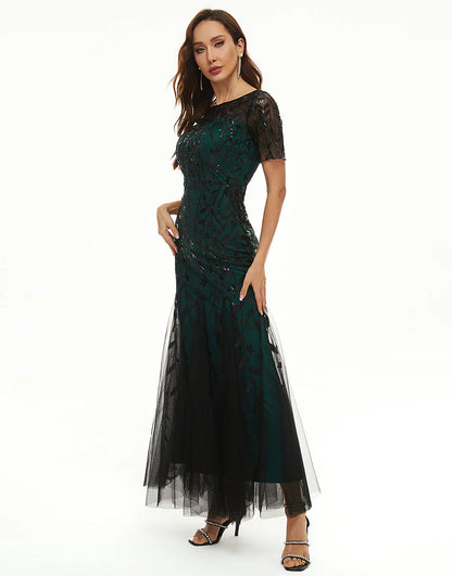 Leaves Sequins Mother Dress with Short Sleeves