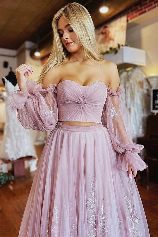 Two-Piece  Strapless A-Line Prom Dress with Sleeves