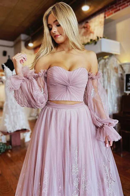 Two-Piece  Strapless A-Line Prom Dress with Sleeves