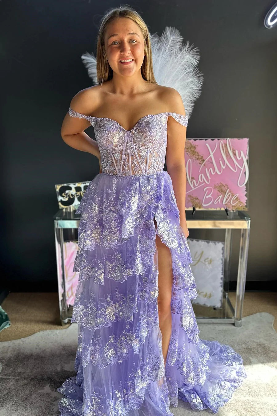 Fairytale Sequin-Embroidery Off-the-Shoulder Tiered Long Prom Dress with Slit