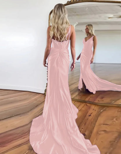 Deep V-neck Satin Prom Dress with Split