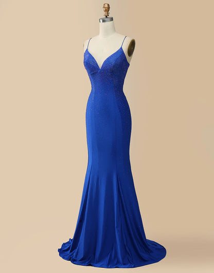 V-neck Beaded Mermaid Long Prom Dress