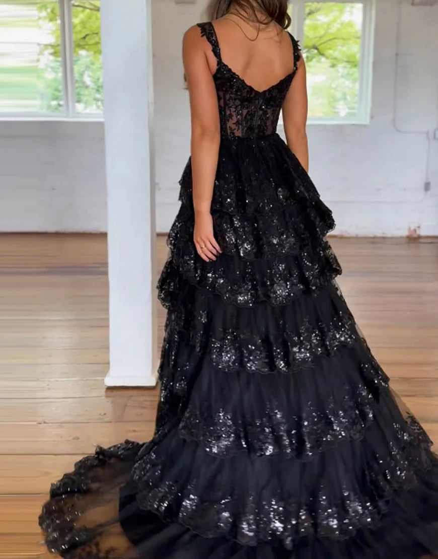 A-Line V Neck Tiered Long Prom Dress With Slit