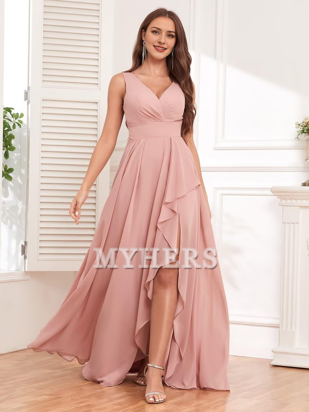 Elegant V Neck Chiffon Ruched Side Fork Long Bridesmaid Dresses Wedding Guests Dresses