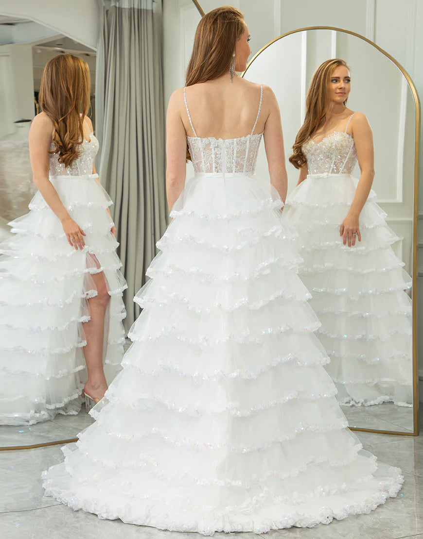 White A Line Spaghetti Straps Long Prom Dress With Slit