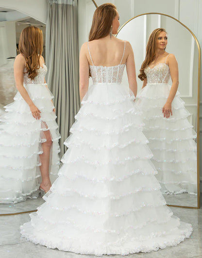 White A Line Spaghetti Straps Long Prom Dress With Slit