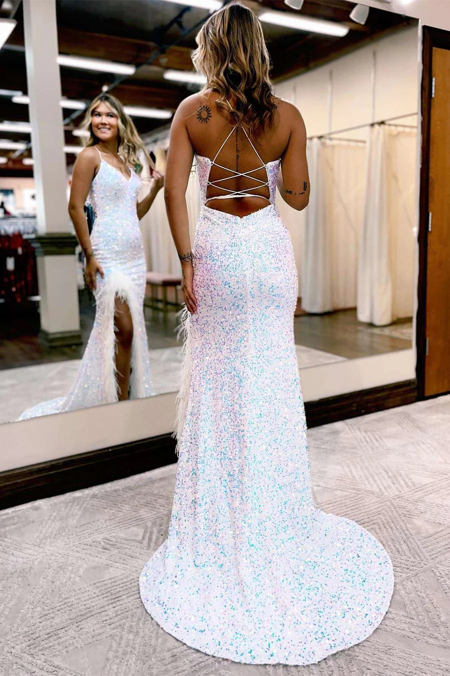 Sequins Feather Mermaid Long Prom Dress with Slit