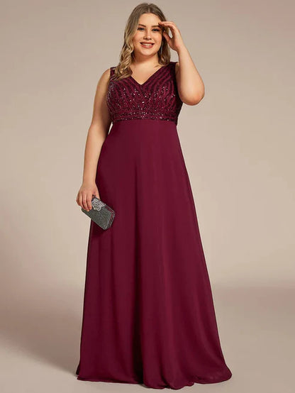 Plus Size Sequin Sleeveless Double V-Neck Formal Evening Dress/Prom Dresses Party Dresses Wedding Guest Dresses