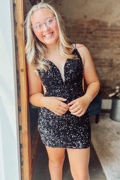 Sequin Sheer Mesh Plunge V Short Dress