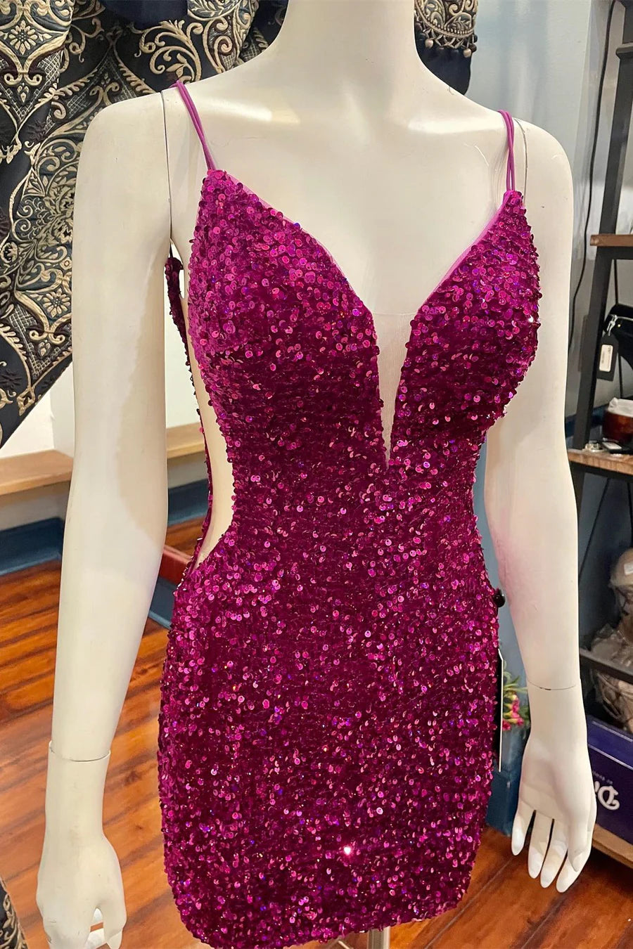 Sequin Sheer Mesh Plunge V Short Dress