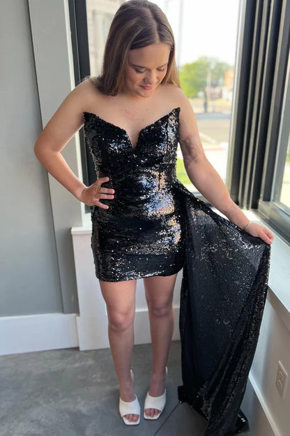 Sequin Strapless Bodycon Homecoming Dress with Attached Train