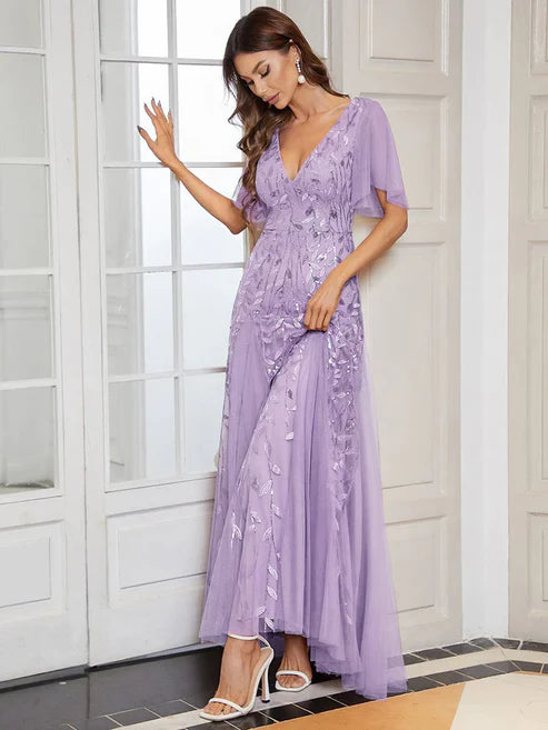 Shimmery V Neck Ruffle Sleeves Sequin Maxi Long Evening Dress/Prom Dresses Party Dresses Wedding Guest Dresses
