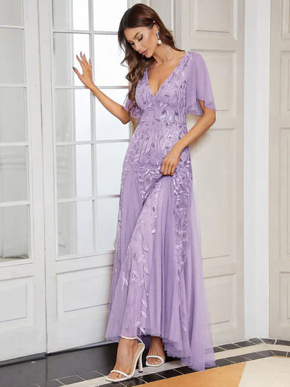 Shimmery V Neck Ruffle Sleeves Sequin Maxi Long Evening Dress/Prom Dresses Party Dresses Wedding Guest Dresses