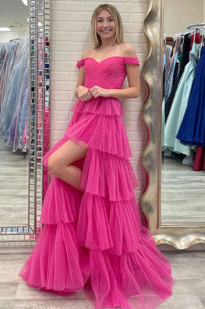 Off-the-Shoulder Multi-tiered Prom Dress