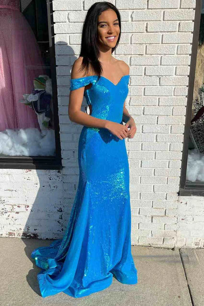Sequin Off-the-Shoulder Backless Mermaid Long Prom Dress