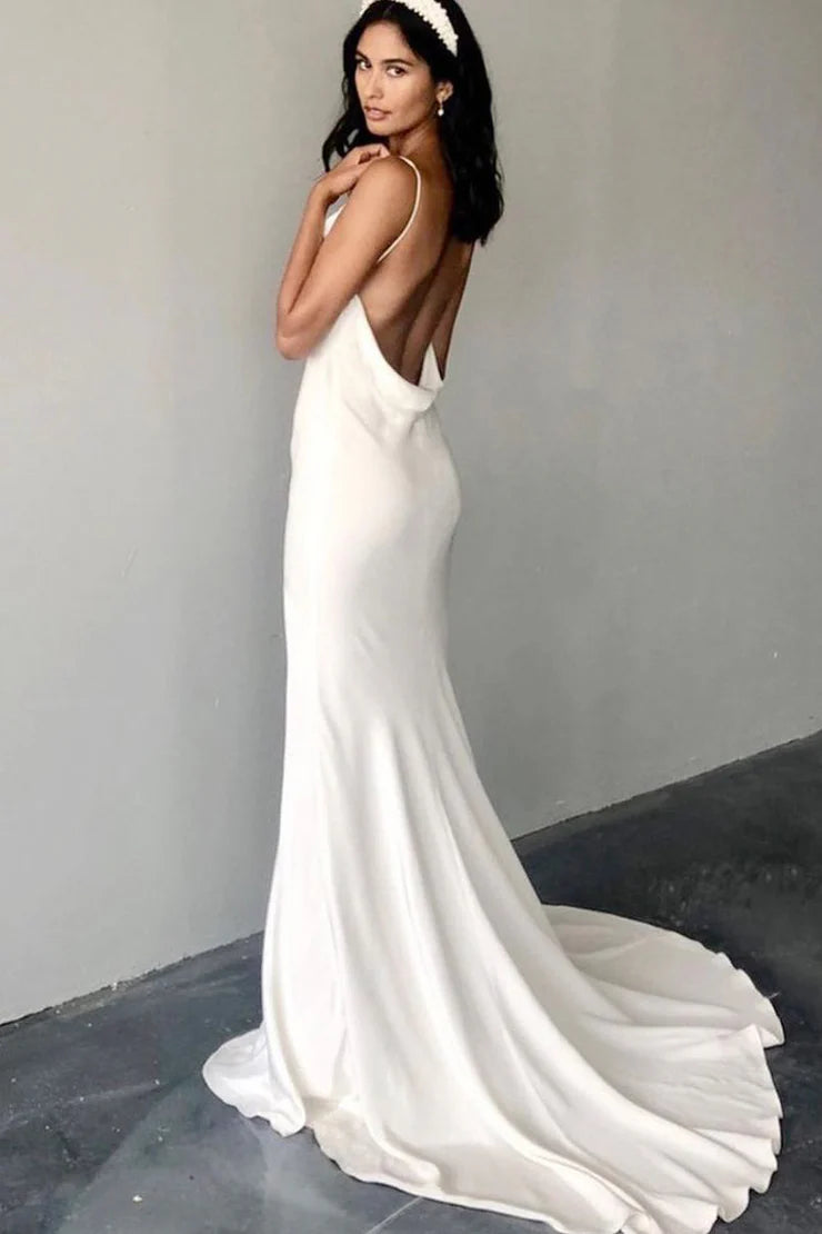 Charming Sheath Cowl Neck Spaghetti Strap Backless Silk Satin Wedding Dresses